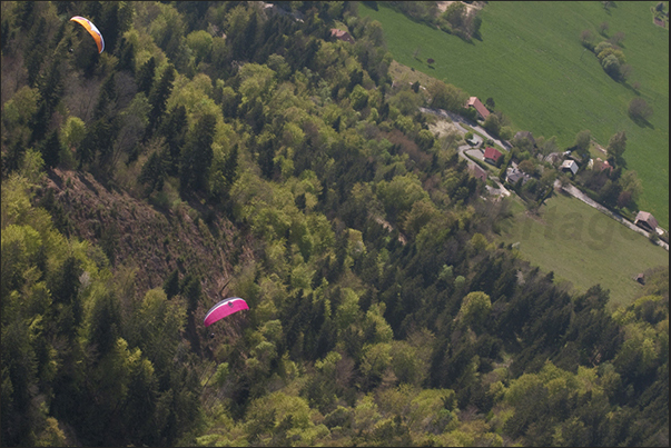 Flying on the forest of the Col de la Forclaz
