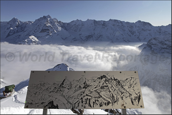 The panorama seen from the revolving restaurant Piz Gloria (2970 m) built on the summit of Mount Schilthorn