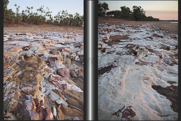 Cox Peninsula (west side of Darwin Bay). The sunset light highlights the red veins (oxidation of iron) present in the white rocks