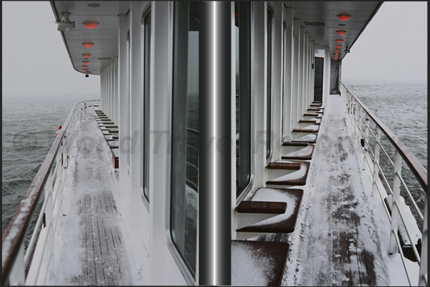 The corridors outside the cruise ship. In winter, only ice and wind