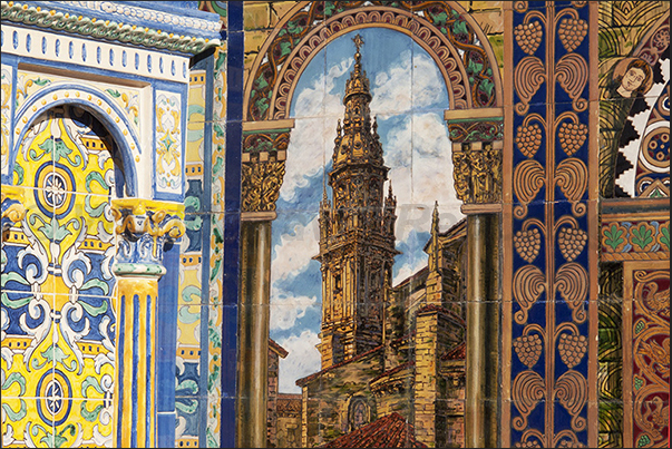 Sevilla, Plaza de Espańa (Spain Square). Decorations on the facades of buildings Sevilla, Plaza de Espańa (Spain Square). Decorations on the facades of buildings