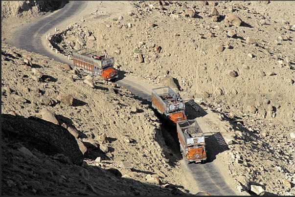 The Kardung La road (5514 m), the highest road in the world passable by cars which connects Leh, India, to Kashgar in China