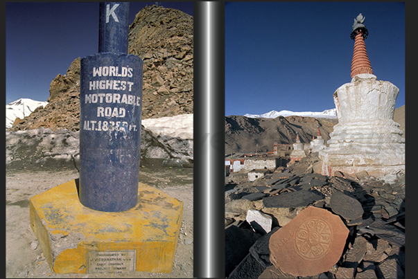 The pass of Kardung La at 5514 m (left). A Stupa (Sacred building of Buddhism), that you can see along the road (right)