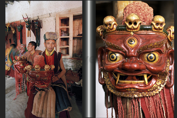 The monks dance in their traditional costumes, wearing heavy wooden masks The monks dance in their traditional costumes, wearing heavy wooden masks