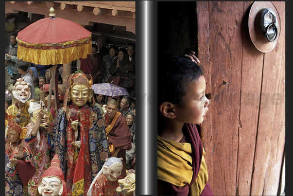 The monks dance in their traditional costumes, wearing heavy wooden masks