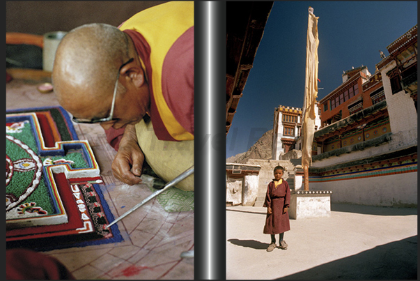 The technique of filling the drawing of Mandala, is taught to the young monks in monasteries, already from children