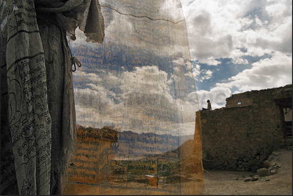 Town of Leh. Prayer flags near a little Gompa (Tibetan Buddhist temple)