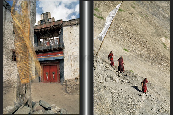 Town of Leh. Prayer flags near a little Gompa (Tibetan Buddhist temple) while a group of monks left the monastery Town of Leh. Prayer flags near a little Gompa (Tibetan Buddhist temple) while a group of monks left the monastery