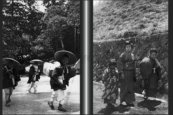 Japan. Pilgrims near lake Biwa (left). Along the road of Hakone village